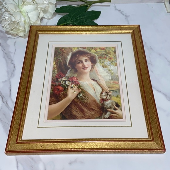 Print Of A Young Woman Collecting Flowers Holding a Kitten in Gold Tone Frame - Picture 1 of 17